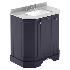 Old London Twilight Blue 750mm (w) x 888mm (h) x 470mm (d) 3-Door Angled Unit & Marble Top 3 Tap Hole