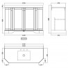 Old London Storm Grey 1200mm (w) x 888mm (h) x 470mm (d) 4-Door Angled Unit & Marble Top 3 Tap Hole - Technical Drawing