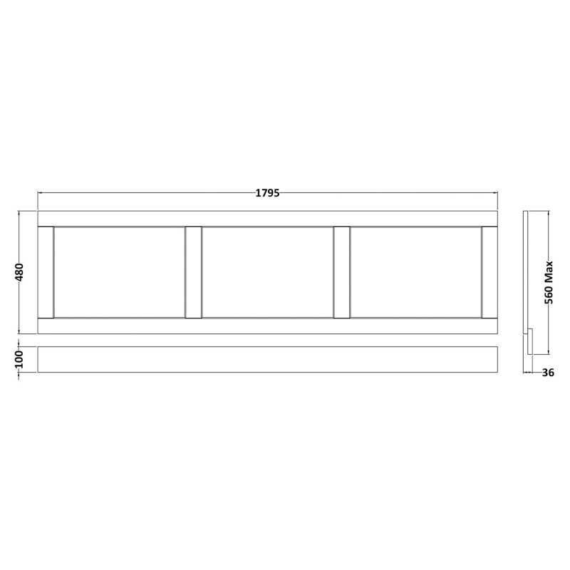 Old London Hunter Green 1800mm Front Bath Panel - Technical Drawing