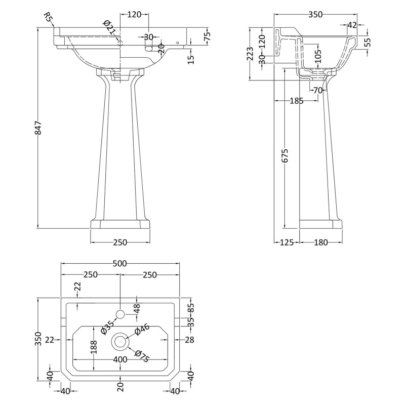 Richmond 500mm 1 Tap Hole Basin & Pedestal - Technical Drawing