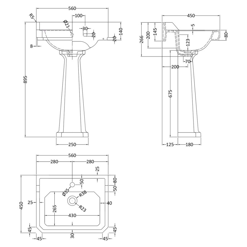 Richmond 560mm 1 Tap Hole Basin & Pedestal - Technical Drawing