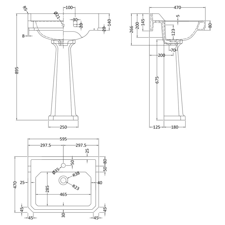 Richmond 600mm 1 Tap Hole Basin & Pedestal - Technical Drawing