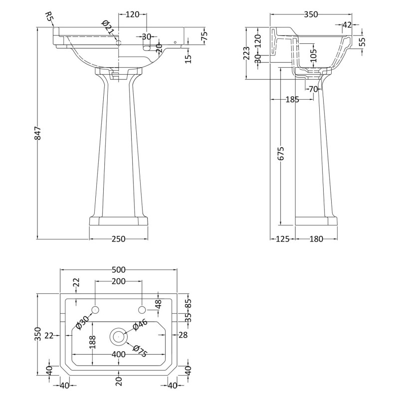 Richmond 500mm 2 Tap Hole Basin & Pedestal - Technical Drawing