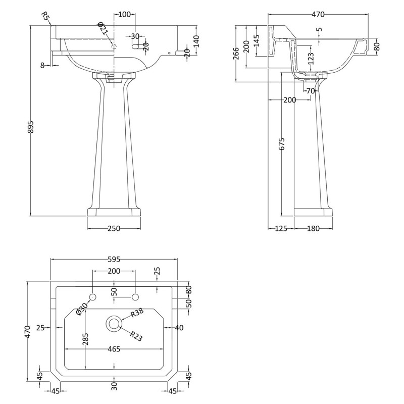 Richmond 600mm 2 Tap Hole Basin & Pedestal - Technical Drawing