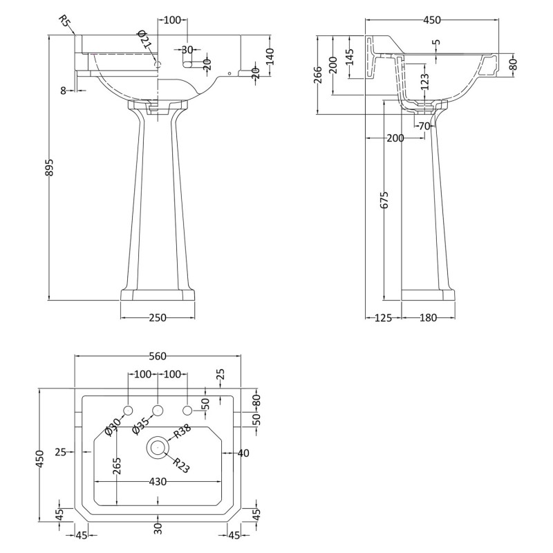 Richmond 560mm 3 Tap Hole Basin & Pedestal - Technical Drawing