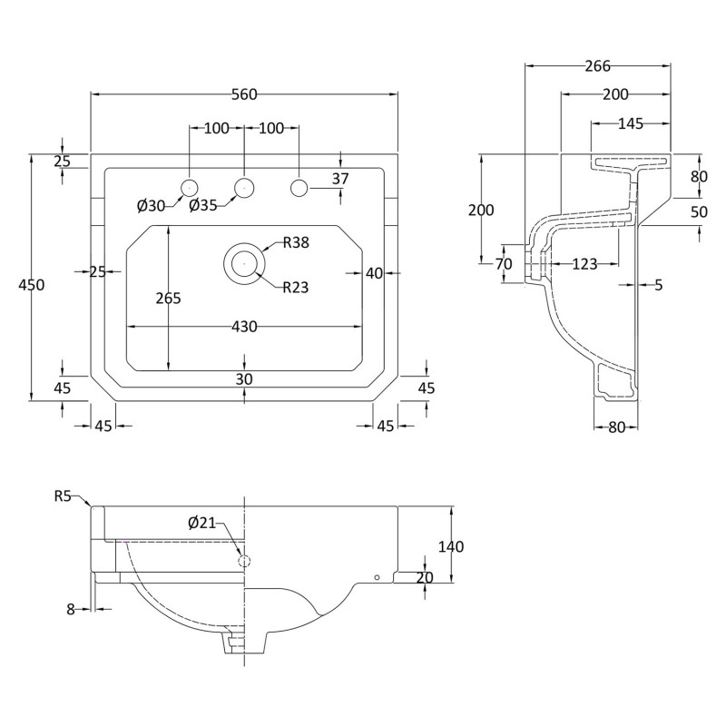 Richmond 560mm (w) x 266mm (h) x 450mm (d) Wall Mounted Basin (3 Tap Holes) - Technical Drawing