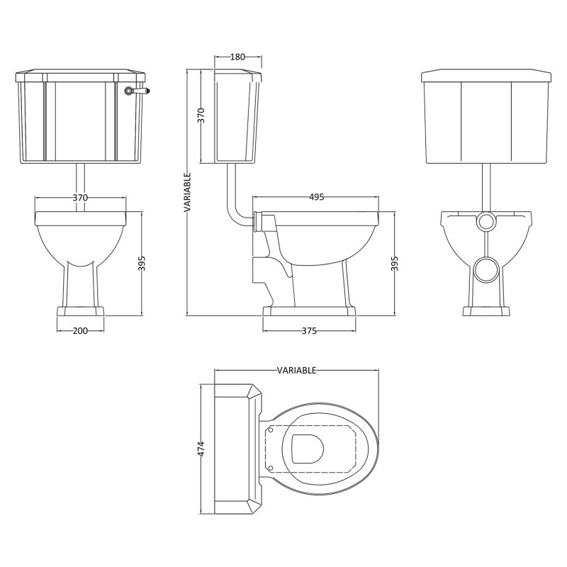 Richmond 470mm (w) x 985mm (h) Low Level Traditional Toilet Inc Flush Pipe Kit & Cistern - Technical Drawing