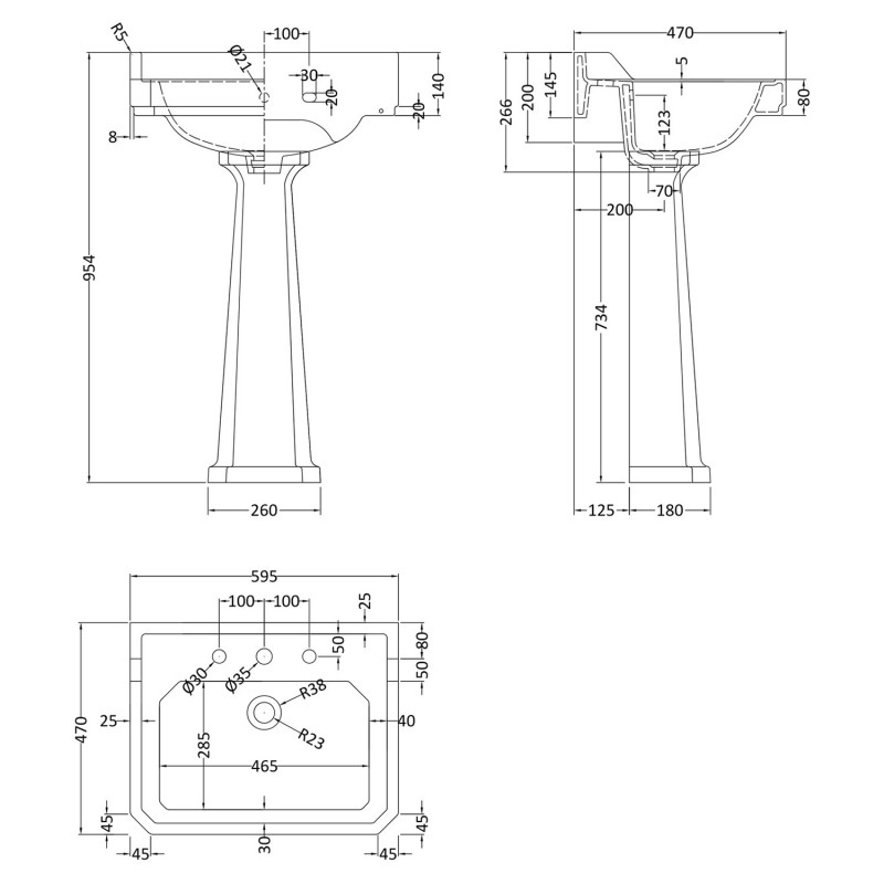 Richmond 595mm Basin with 3 Tap Holes and Comfort Height Pedestal - Technical Drawing