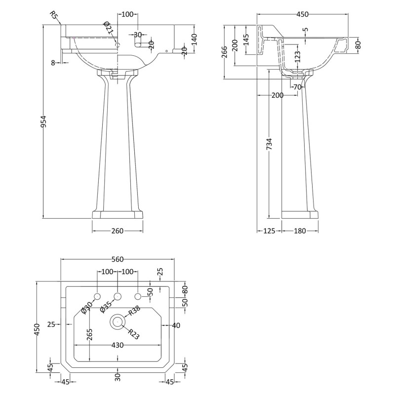 Richmond 560mm Basin with 3 Tap Holes and Comfort Height Pedestal - Technical Drawing