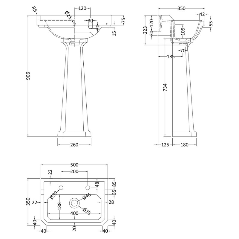 Richmond 500mm Basin with 2 Tap Holes and Comfort Height Pedestal - Technical Drawing