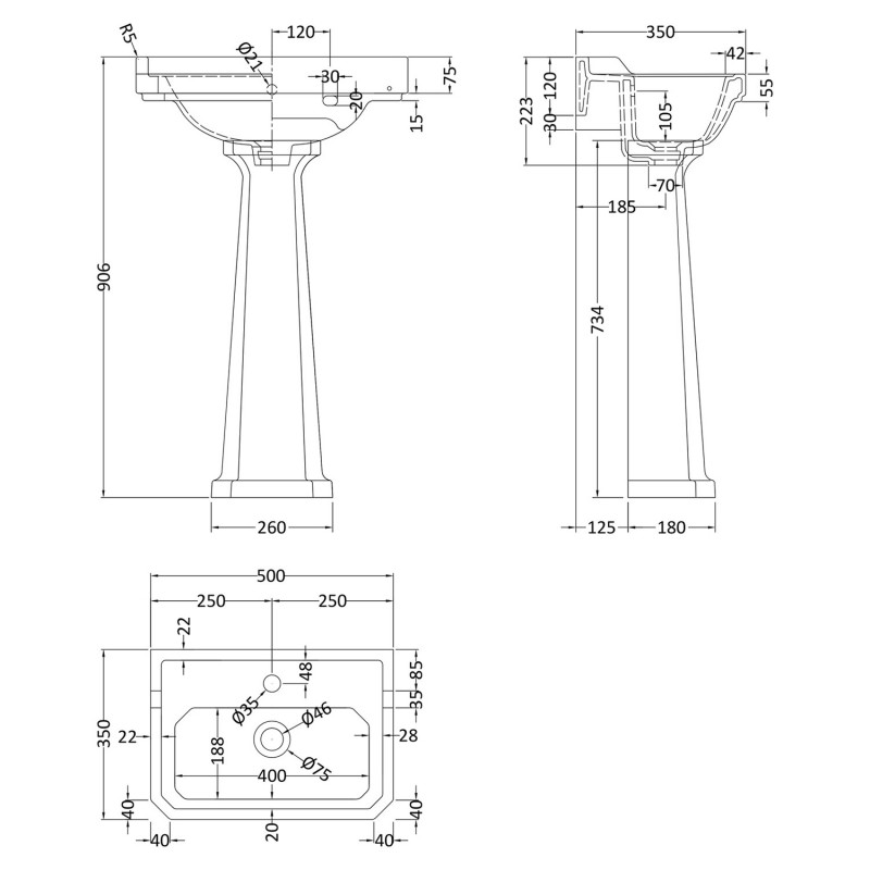 Richmond 500mm Basin with 1 Tap Hole and Comfort Height Pedestal - Technical Drawing