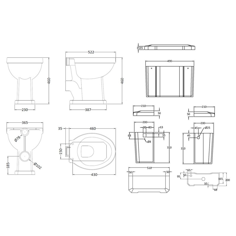 Richmond Comfort Height 465mm (w) x 2196mm (h) High Level Traditional Toilet Inc Flush Pipe Kit & Cistern - Technical Drawing