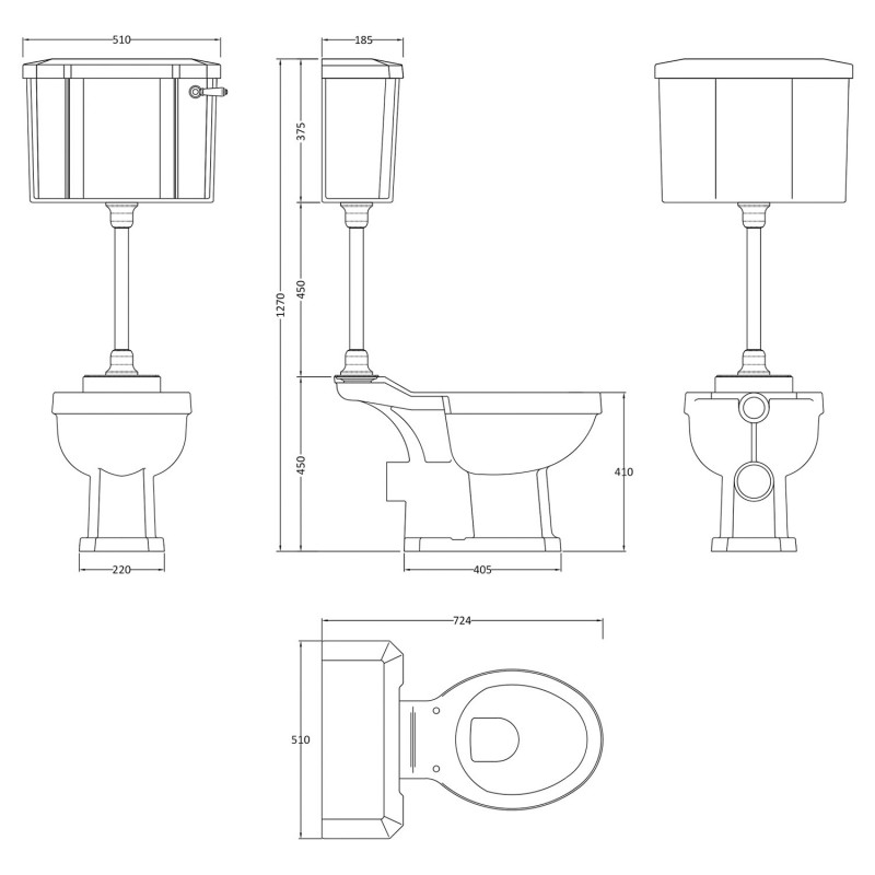 Richmond 510mm (w) x 1270mm (h) Mid Level Traditional Toilet Inc Flush Pipe Kit & Cistern - Technical Drawing