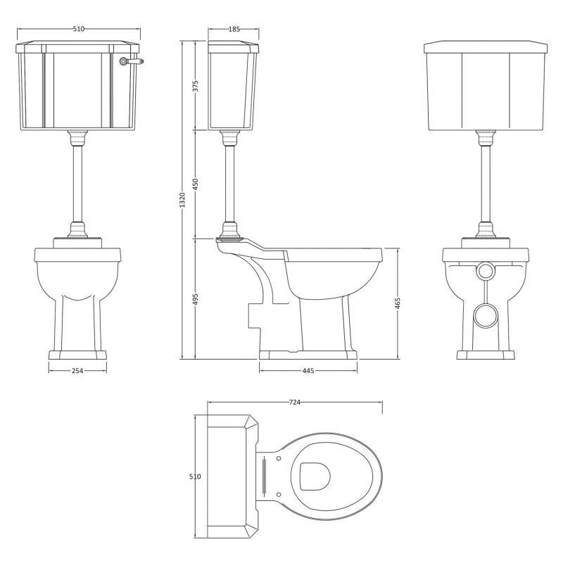 Richmond Comfort Height 510mm (w) x 1320mm (h) Mid Level Traditional Toilet Inc Flush Pipe Kit & Cistern  - Technical Drawing