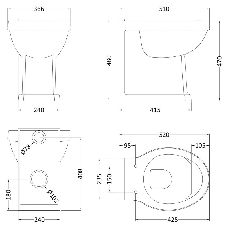 Richmond Comfort Height 370mm (w) x 480mm (h) Traditional Toilet (Seat Not Included) - Technical Drawing