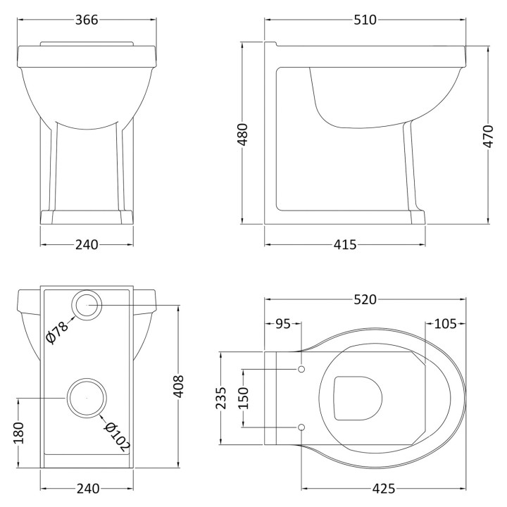 Richmond Comfort Height 370mm (w) x 480mm (h) Traditional Toilet (Seat Not Included) - Technical Drawing