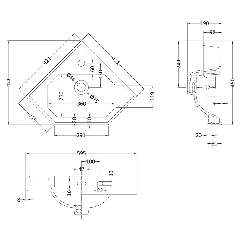 Richmond 600mm (w) x 190mm (h) x 450mm (d) Corner Basin With (1 Tap Hole) - Technical Drawing