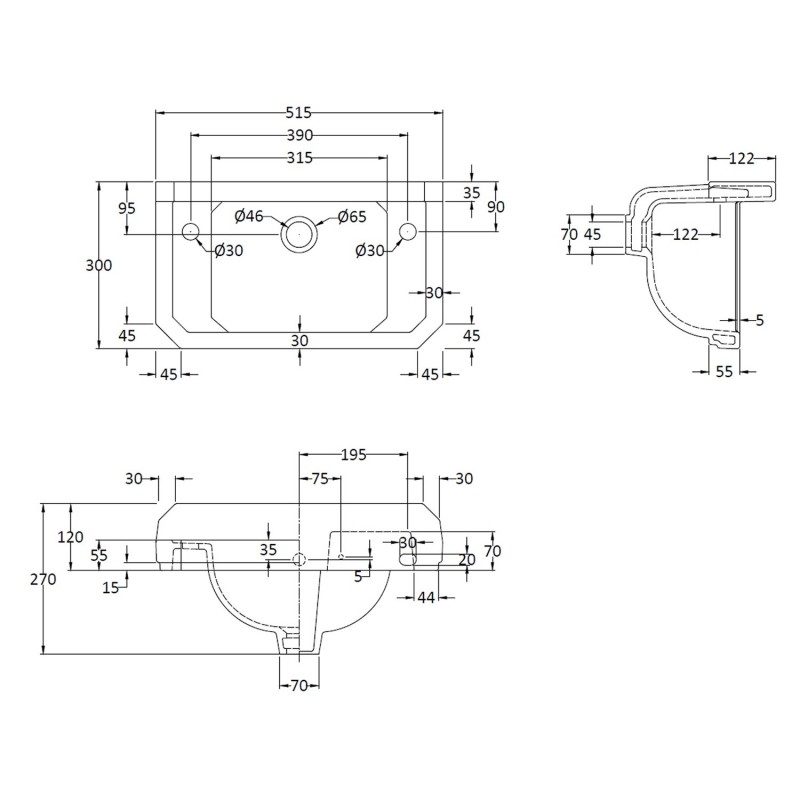 Richmond 515mm (w) x 270mm (h) x 300mm (d) Cloakroom Basin (2 Tap Holes) - Technical Drawing