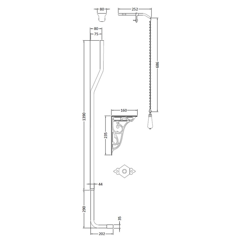 Chrome High Level Flush Pipe Pack with Black Handle - Technical Drawing