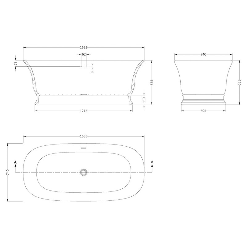 Faringdon 1555mm(L) x 740mm(W) Traditional Freestanding Double Ended Bath (Includes Push Button Waste) - Technical Drawing