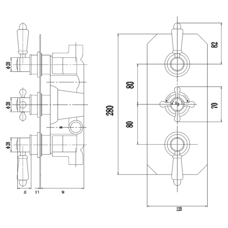 Topaz Black Triple Concealed Shower Valve with Diverter - Technical Drawing