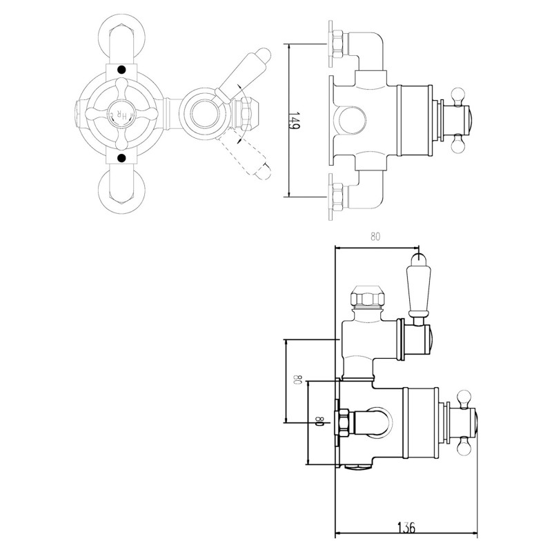 Topaz Black Twin Exposed Shower Valve - Technical Drawing