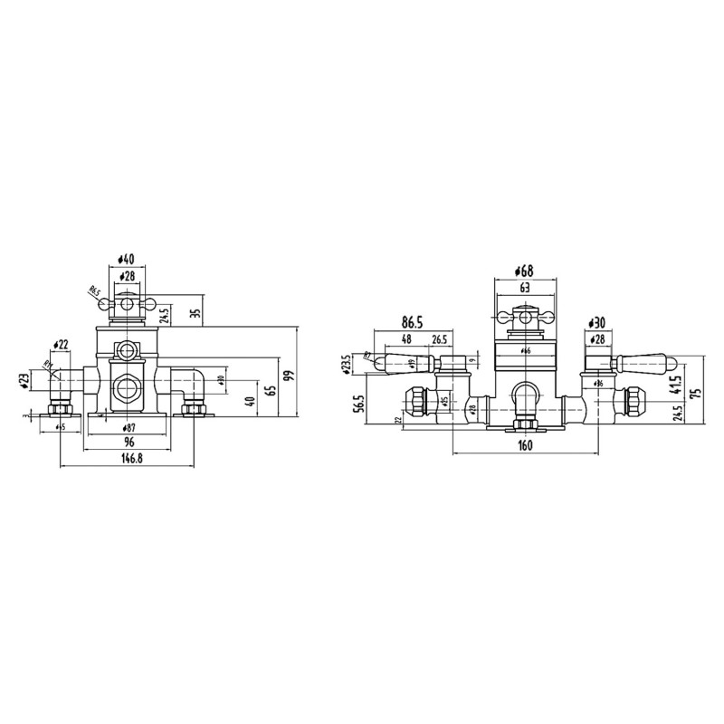 Topaz Black Triple Exposed Shower Valve - Technical Drawing