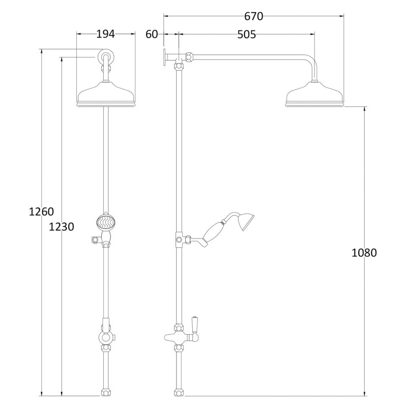 Victorian Chrome/Black Shower Column Rigid Riser & Grand Rainfall Shower Head - Technical Drawing