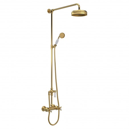 Traditional Brushed Brass Thermostatic Shower Valve Rigid Riser Kit With Diverter Rainfall Shower Head & Hand Shower
