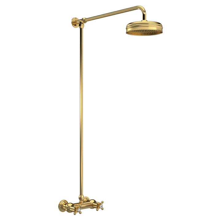 Brushed Brass Thermostatic Shower Column Rigid Riser & Rainfall Shower Head