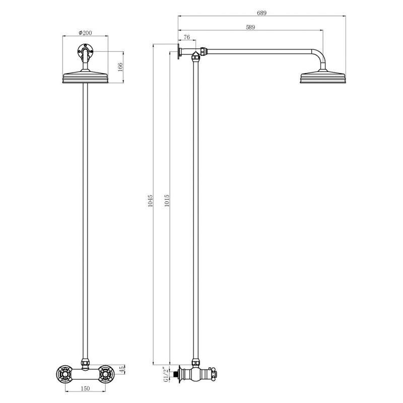 Brushed Brass Thermostatic Shower Column Rigid Riser & Rainfall Shower Head - Technical Drawing