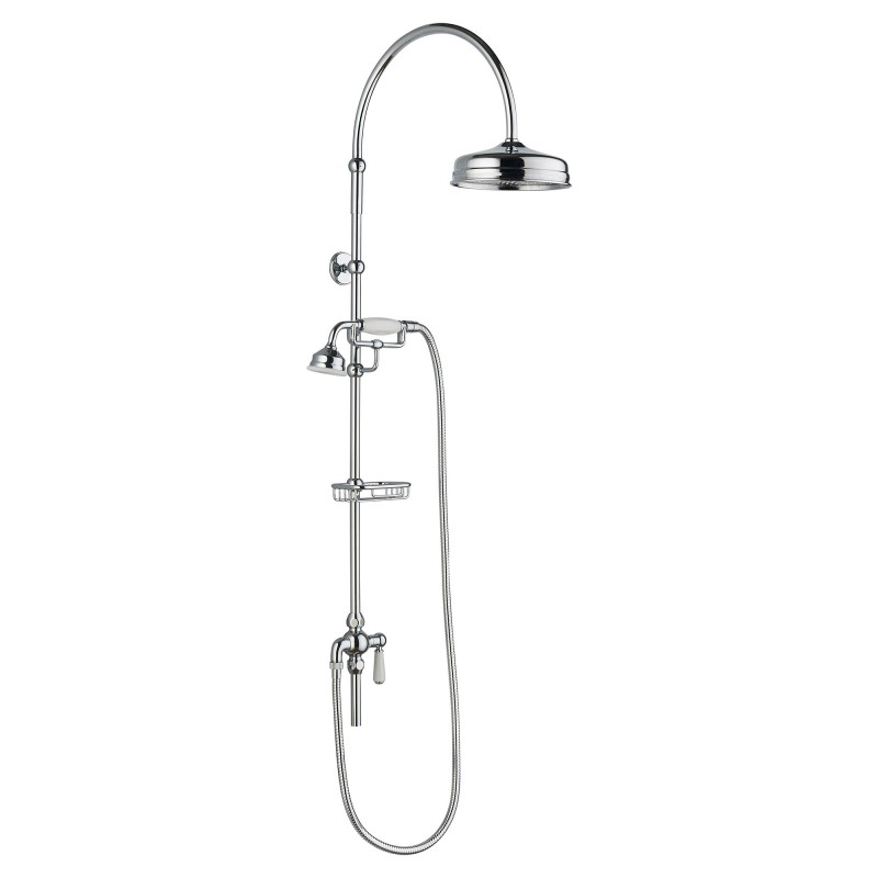 Deluxe Chrome/White Grand Rigid Riser Shower Column Diverter Hand Shower & Soap Basket