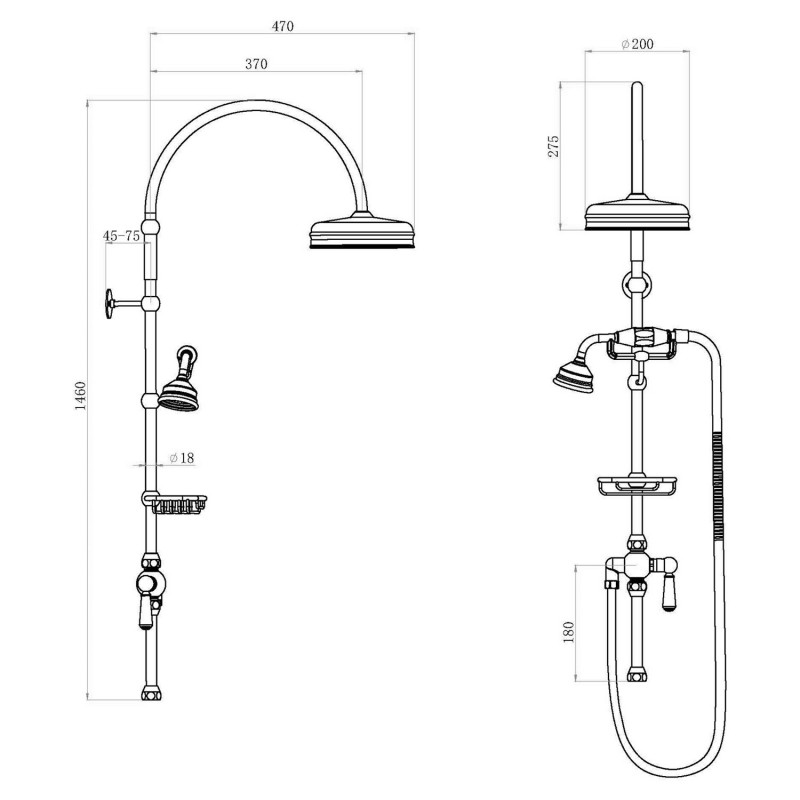 Deluxe Chrome/White Grand Rigid Riser Shower Column Diverter Hand Shower & Soap Basket - Technical Drawing