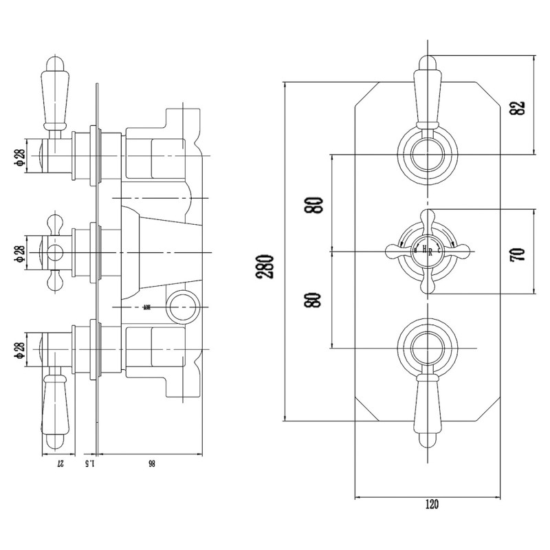 Topaz Triple Concealed Shower Valve - Technical Drawing