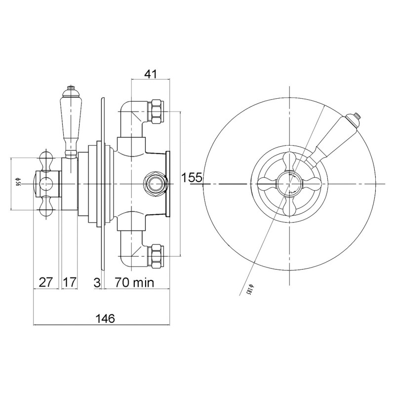 Topaz White Dual Concealed Shower Valve - Technical Drawing