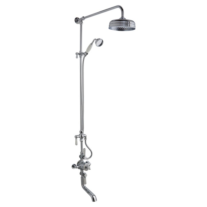 Chrome "Topaz" Triple Exposed Shower Column Valve Riser Kit Rainfall Shower Head Hand Shower & Spout