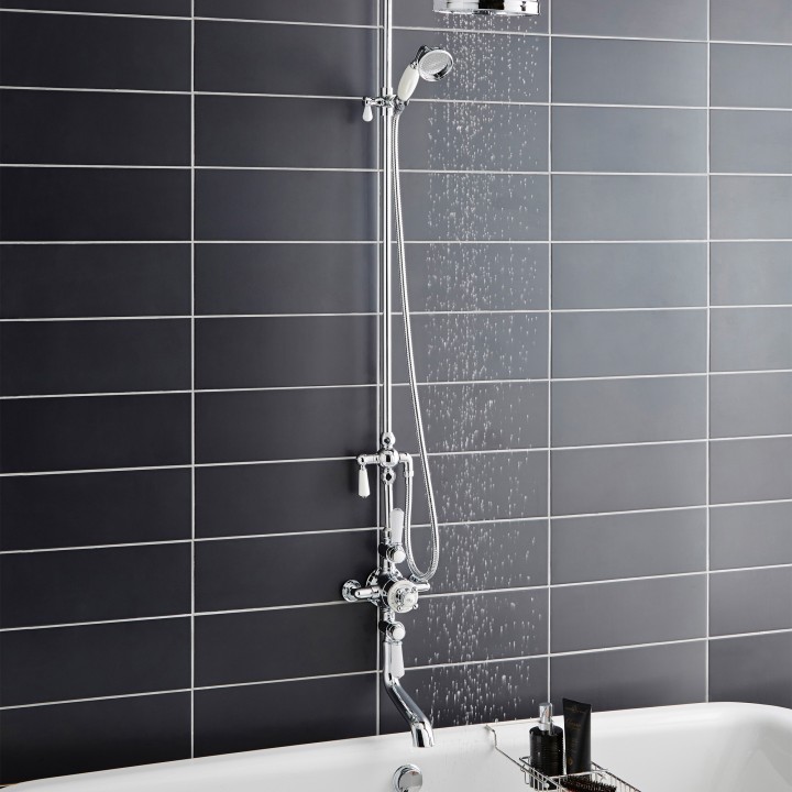 Chrome "Topaz" Triple Exposed Shower Column Valve Riser Kit Rainfall Shower Head Hand Shower & Spout - Insitu
