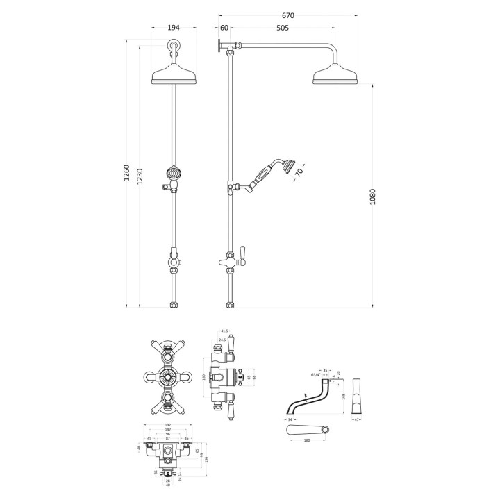 Chrome "Topaz" Triple Exposed Shower Column Valve Riser Kit Rainfall Shower Head Hand Shower & Spout - Technical Drawing