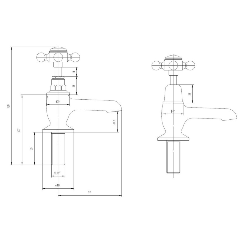 Topaz Cross Head Black Insert Domed Collar Hot & Cold Basin Taps - Technical Drawing