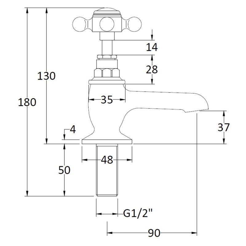 Topaz Cross Head Black Insert Hex Collar Hot & Cold Basin Taps - Technical Drawing