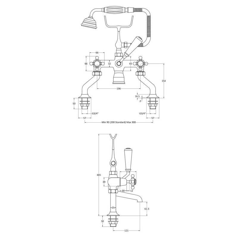 Topaz Black Crosshead Bath Shower Mixer With Shower Kit Dome Collar - Technical Drawing