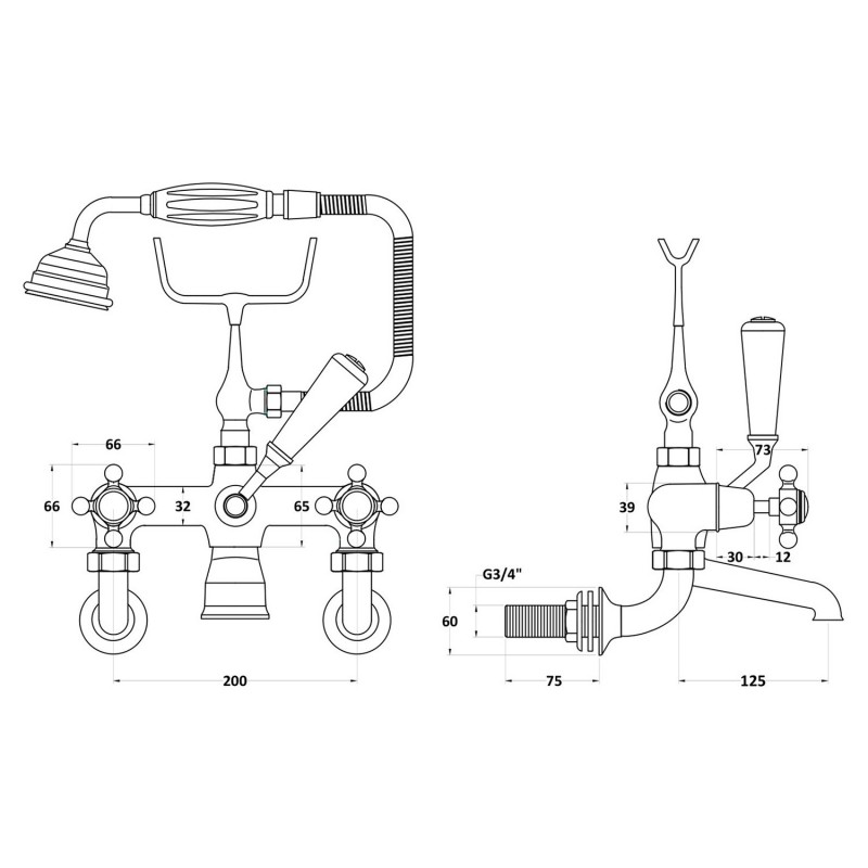 Wall Mounted Bath Shower Mixer - Technical Drawing