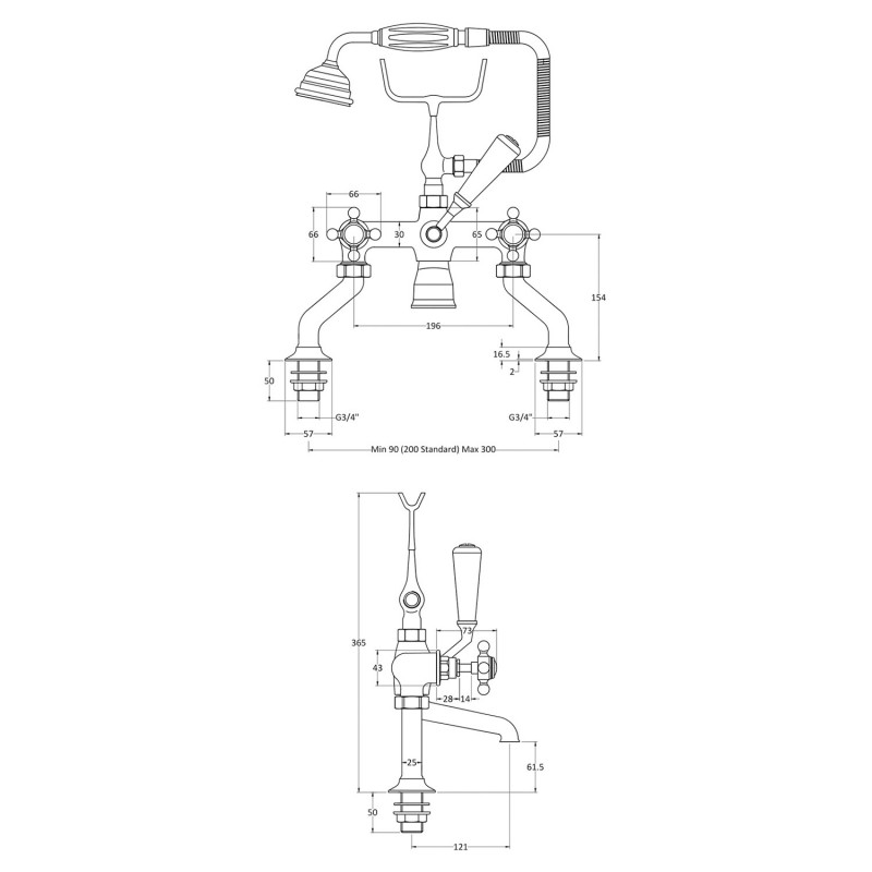 Topaz Black Crosshead Bath Shower Mixer Tap With Shower Kit Hexagonal Collar - Technical Drawing