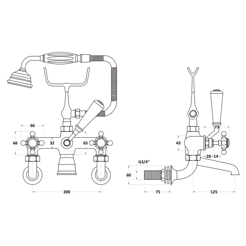 Wall Mounted Bath Shower Mixer - Technical Drawing