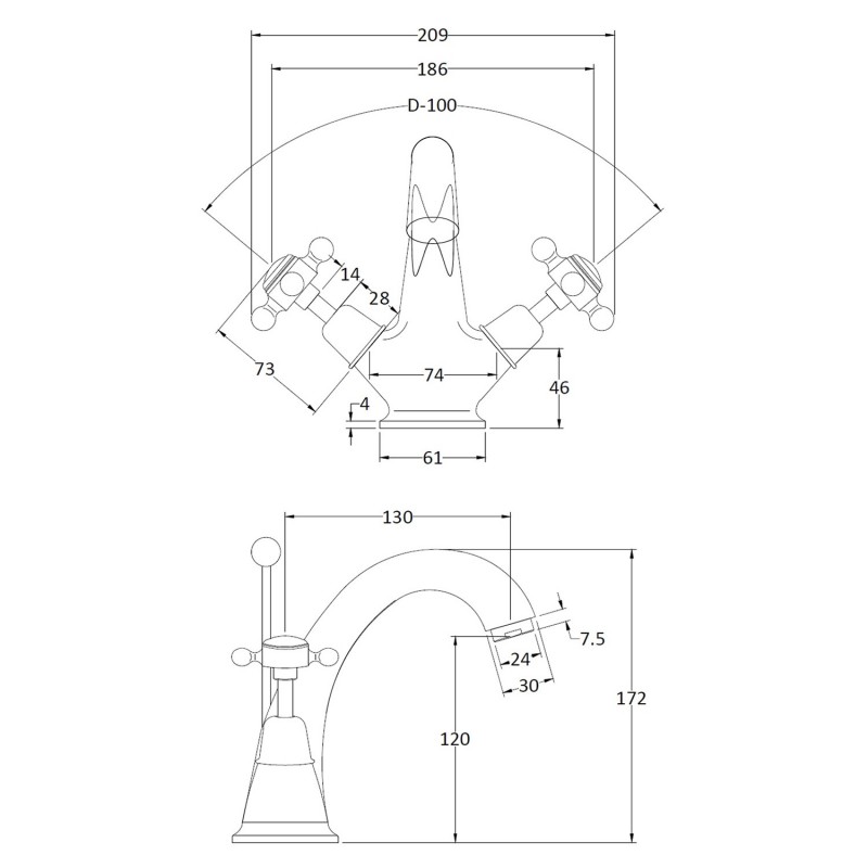 Topaz Black Dome Mono Basin Mixer - Technical Drawing