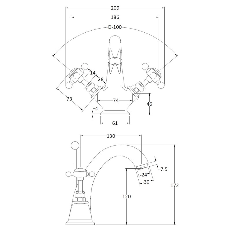 Topaz Black Mono Basin Mixer - Technical Drawing