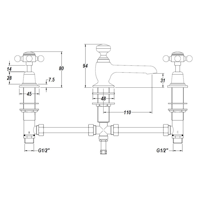 Topaz Black Crosshead 3 Tap Hole Basin Mixer With Pop Up Waste - Technical Drawing