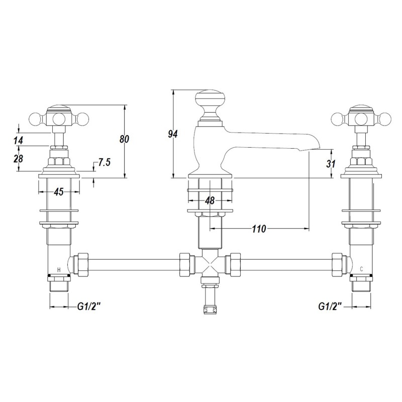 Topaz Black Crosshead 3 Tap Hole Basin Mixer With Pop Up Waste - Technical Drawing