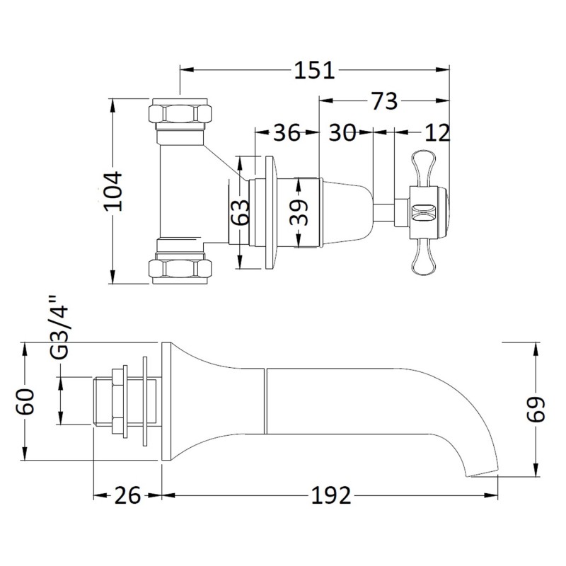 Topaz Black Wall Hung Bath Spout & Cross Head Stop Taps - Technical Drawing