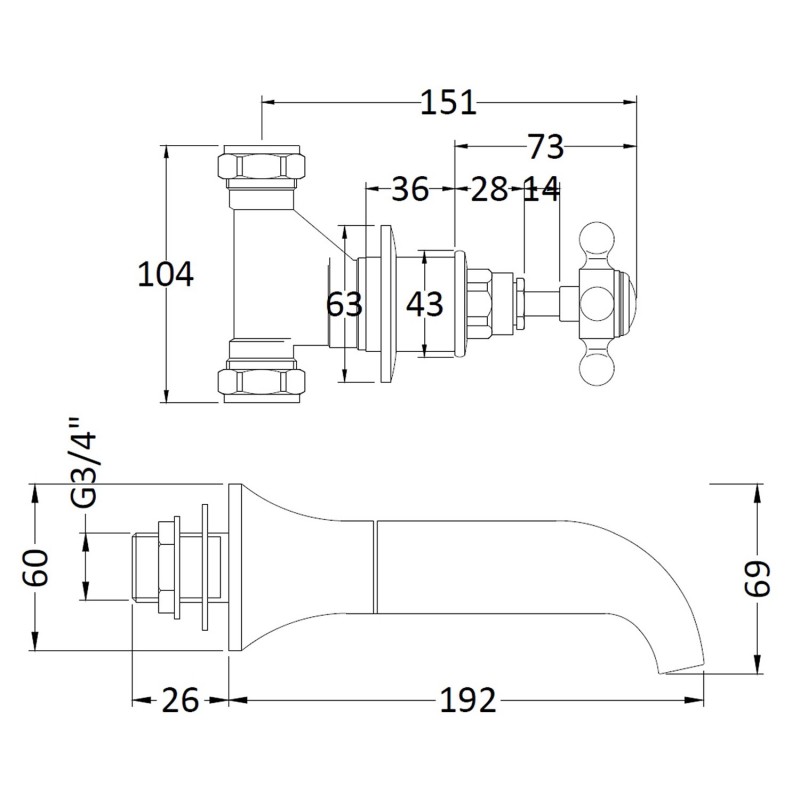 Topaz Black Wall Hung Bath Spout & Cross Head Stop Taps - Technical Drawing